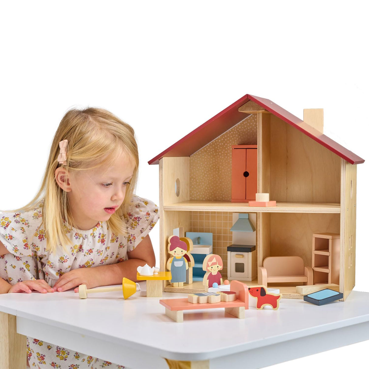 Mentari Fully Furnished Wooden Dollhouse - Compact Dollhouse for Toddlers with Open Design - Great Gift for Toddlers who are Creative and Enjoy Mentari