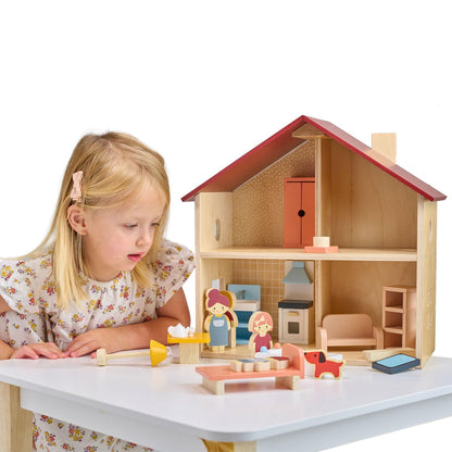 Mentari Fully Furnished Wooden Dollhouse - Compact Dollhouse for Toddlers with Open Design - Great Gift for Toddlers who are Creative and Enjoy