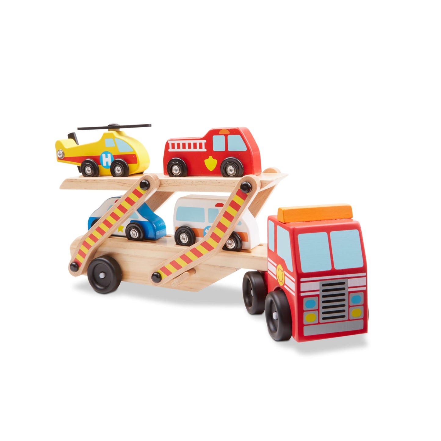 Melissa & Doug Wooden Emergency Vehicle Carrier Truck With 1 Truck and 4 Rescue Vehicles - WoodArtSupply