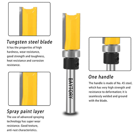 BAYTORY Professional Pattern Flush Trim Router Bit Set with 1/4 inch Shank, 4Pcs 1/2" Cutting Diameter Carbide Bits with Top Bearing Prevent BAYTORY