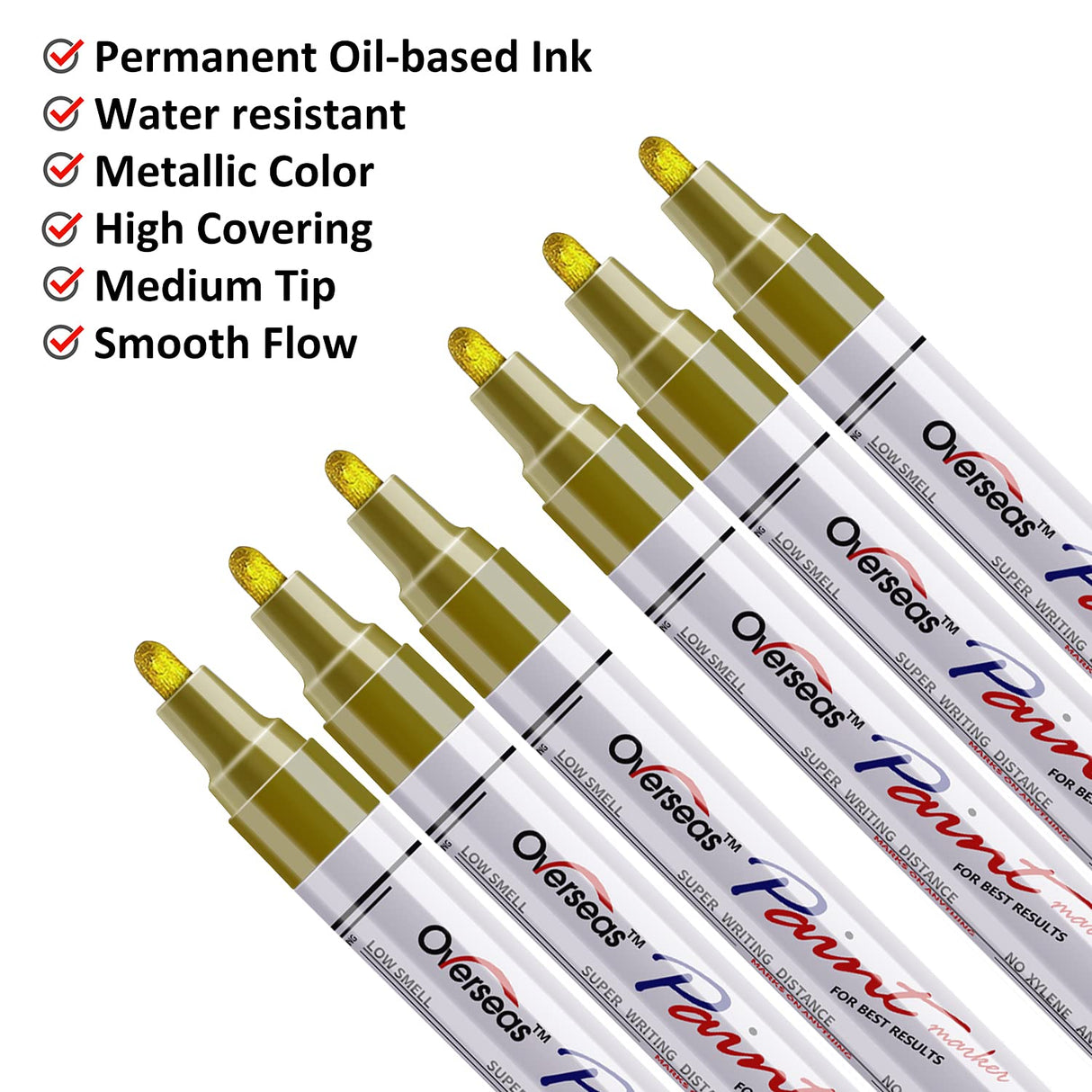 Gold Paint Markers Pens - Single color 6 Pack Permanent Oil Based Metallic Paint Pen, Medium Tip, Quick Dry and Waterproof Marker for Rock, Wood, Overseas
