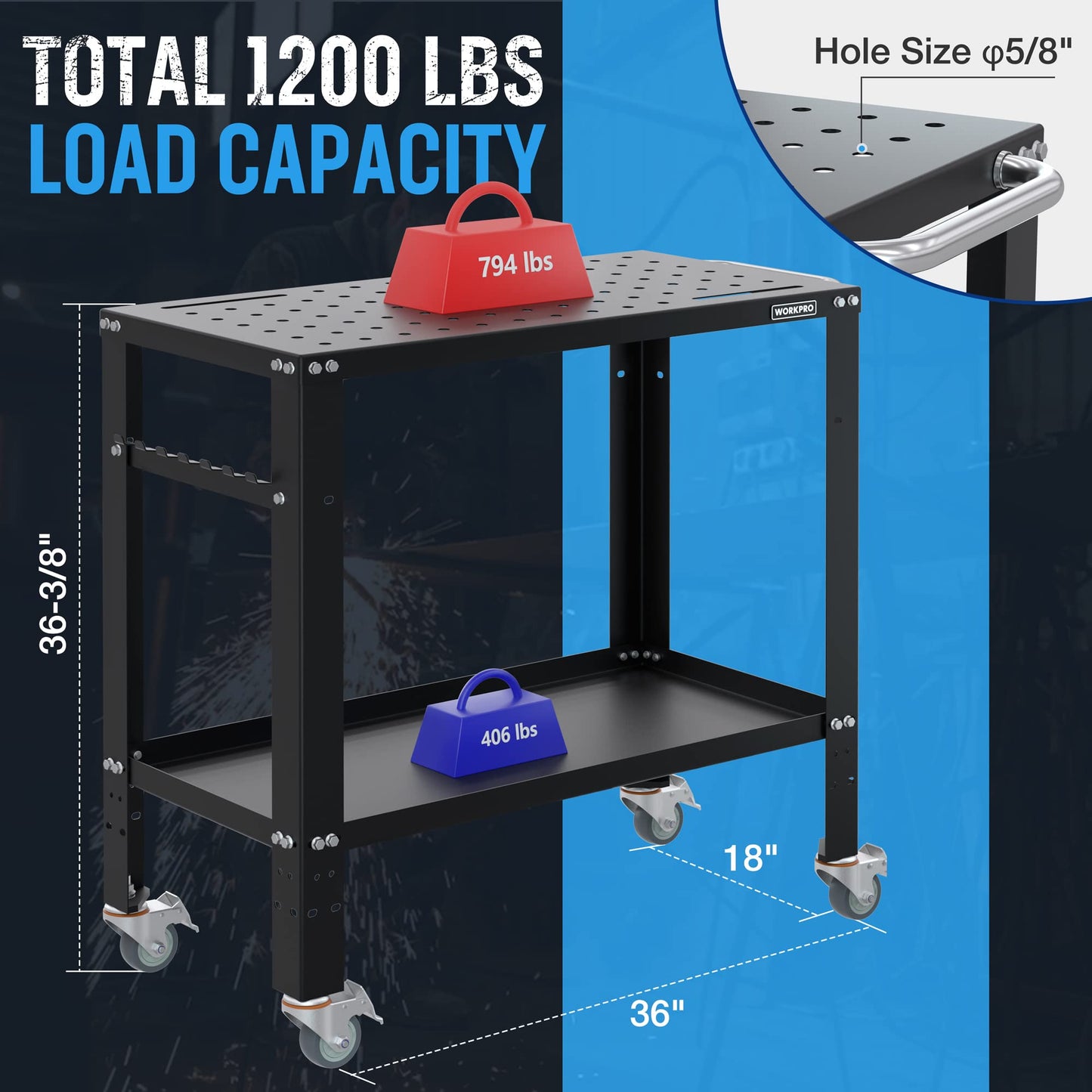 WORKPRO 36”×18” Welding Table, 1200 lbs Load Capacity, Nitriding Tabletop, Portable Welding Table with 5/8" Holes on Top, Welding Cart, Casters with - WoodArtSupply