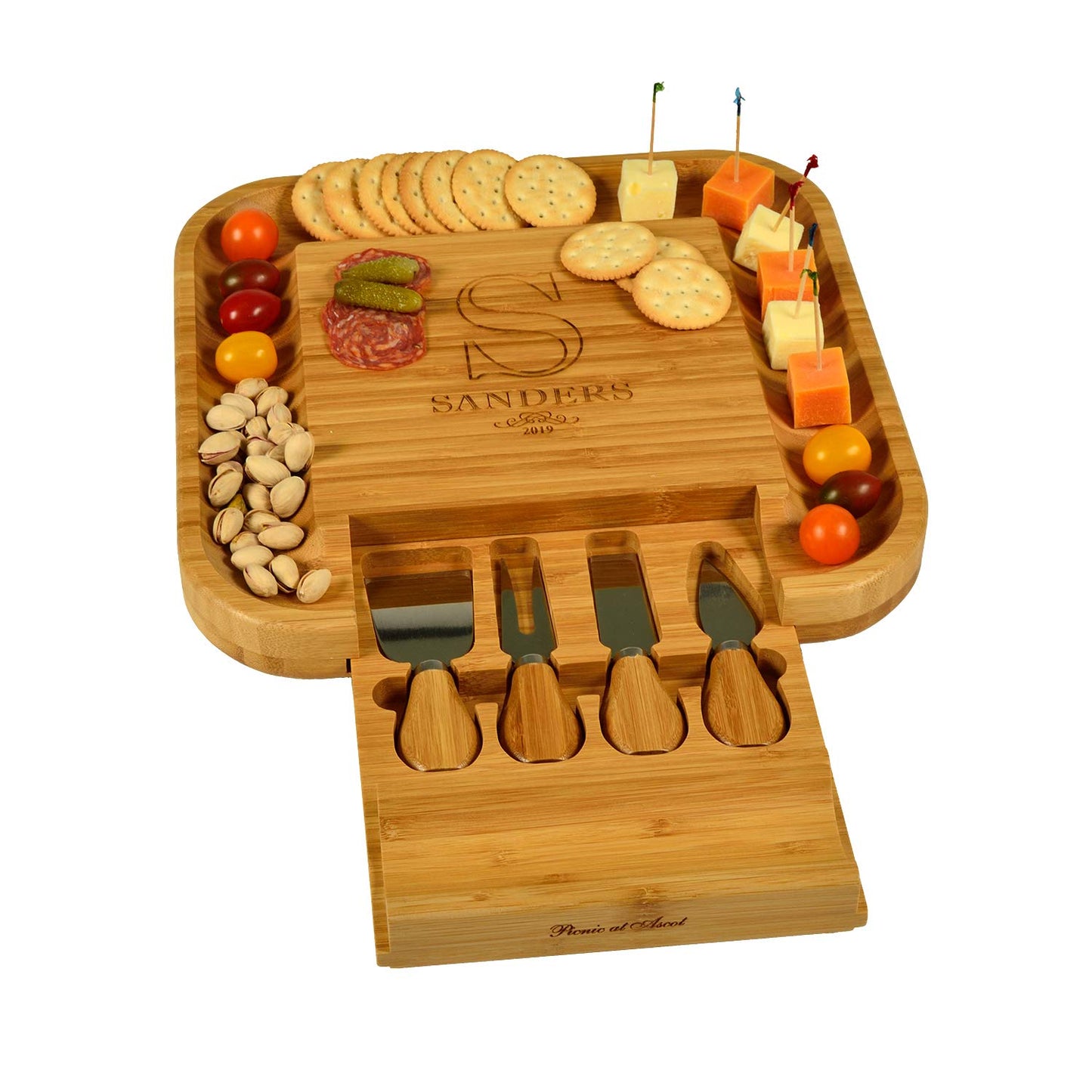 Custom Personalized Engraved Bamboo Cheese/Charcuterie Cutting Board with Knife Set & Cheese Markers- Designed & Quality Checked in USA - WoodArtSupply