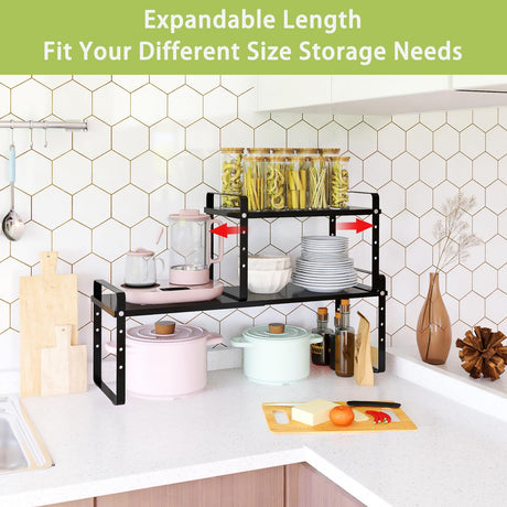 Across-Star Expandable Cabinet Shelf Organizer Rack, Stackable Kitchen Counter Storage Shelves Stand, Adjustable Height Pantry Shelf Spice Rack Across-Star