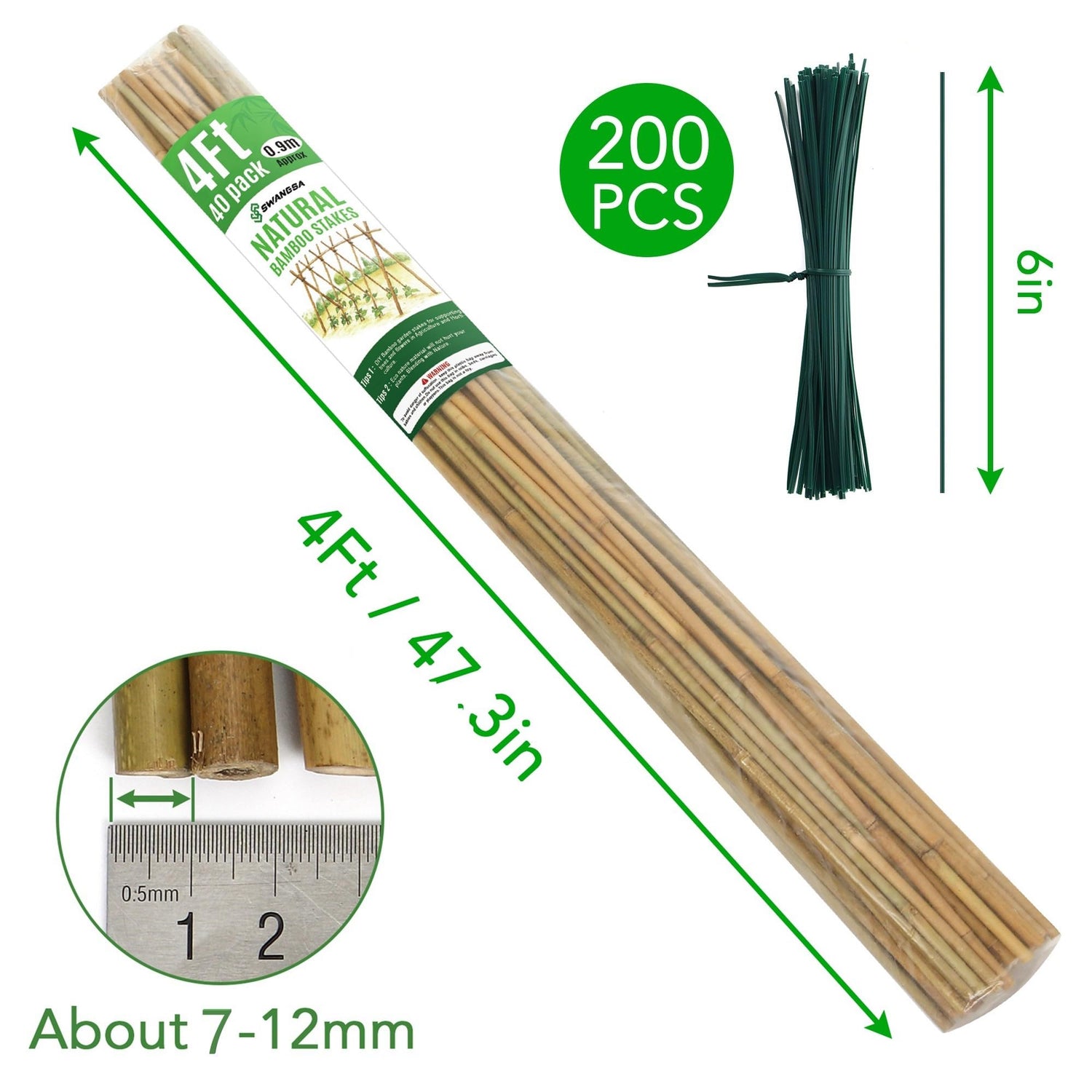SWANGSA 40 Pack 4 Feet Bamboo Stakes for Plant, Bamboo Sticks Plant Support Garden Stakes Poles with 200pcs Twist Ties for Tomatoes, Beans, Flowers, SWANGSA