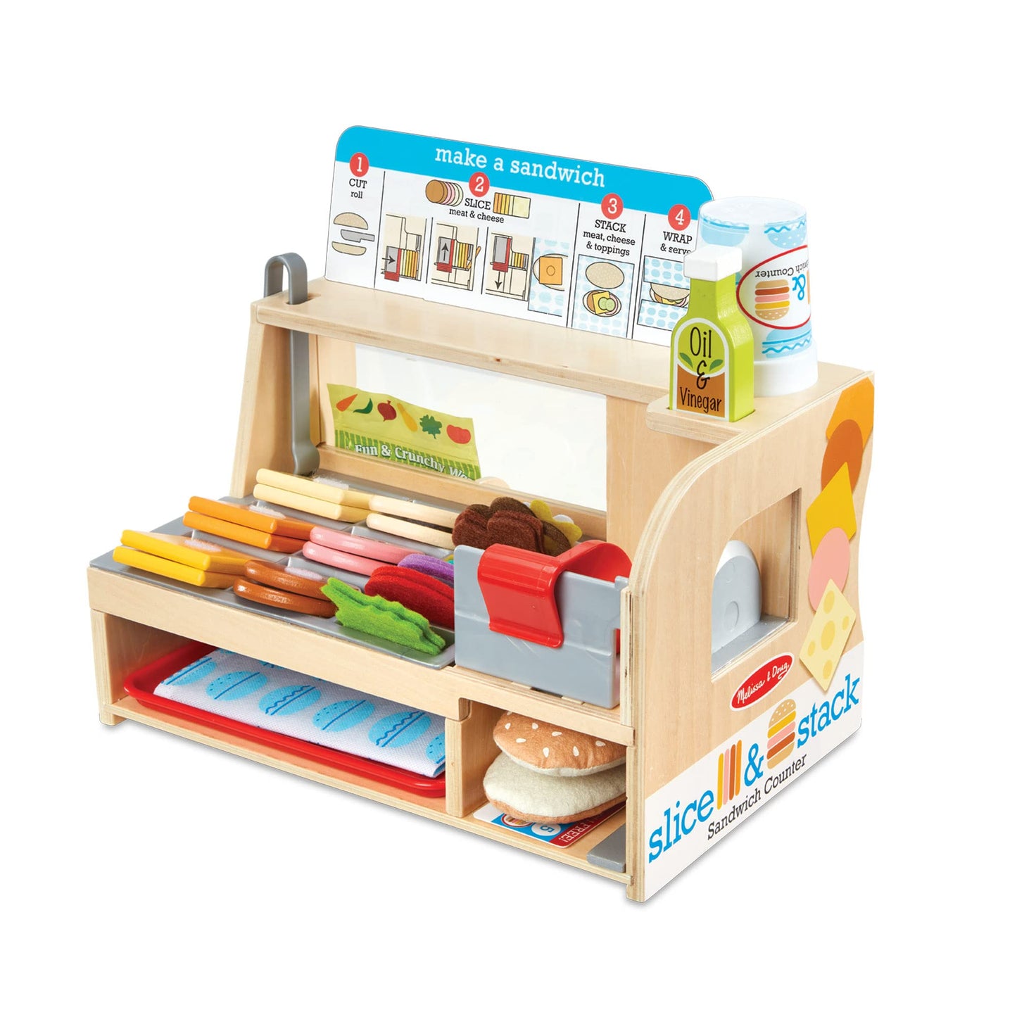 Melissa & Doug Wooden Slice & Stack Sandwich Counter with Deli Slicer – 56-Piece Pretend Play Wooden Food Toys, Kitchen Food Set For Toddlers And