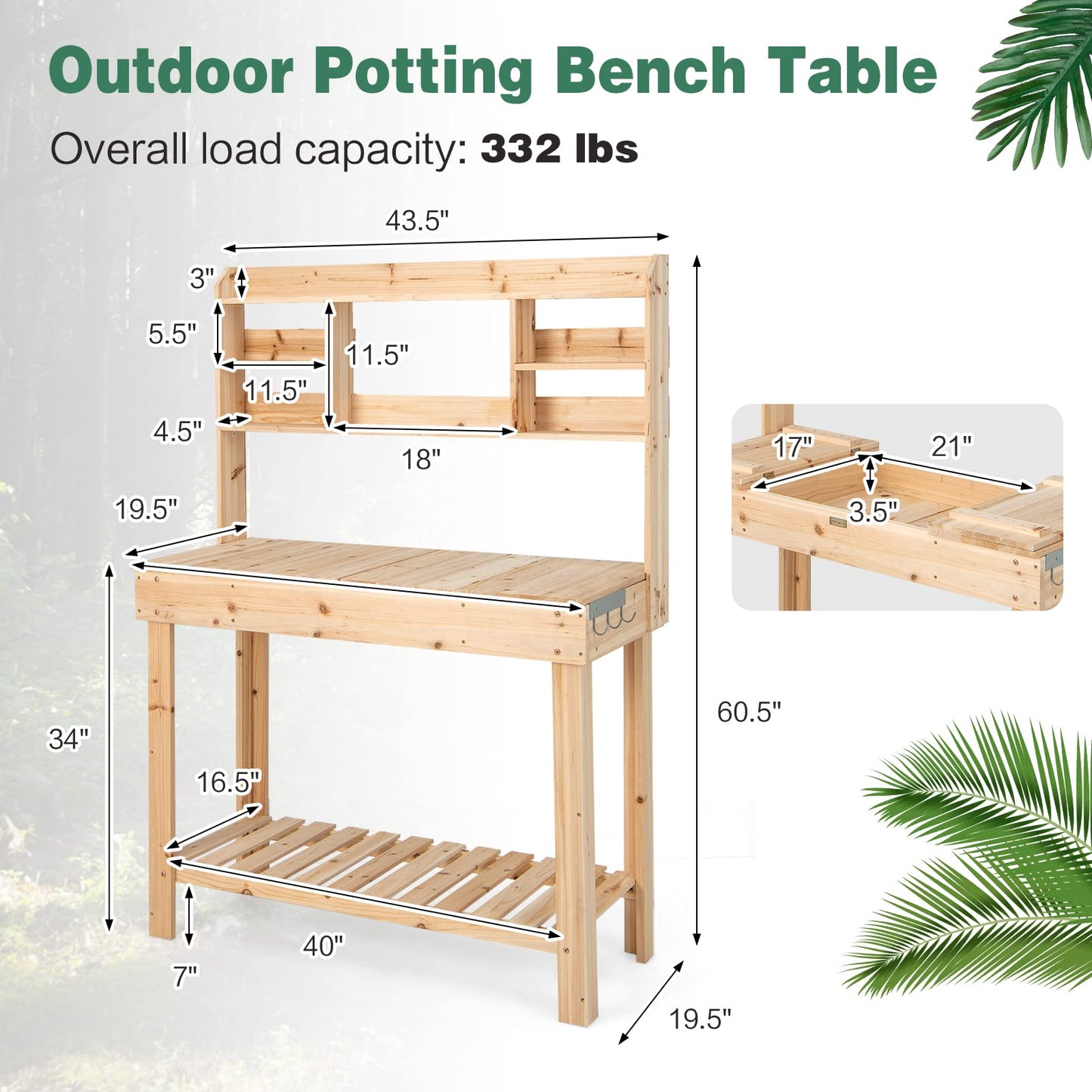 HAPPYGRILL Potting Bench Table, 60.5” Wood Workstation Workbench Table with Flip-Up Tabletop, Shelves & Hanging Hooks, Outdoor Flowerpot Bench,