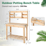 HAPPYGRILL Potting Bench Table, 60.5” Wood Workstation Workbench Table with Flip-Up Tabletop, Shelves & Hanging Hooks, Outdoor Flowerpot Bench, HAPPYGRILL