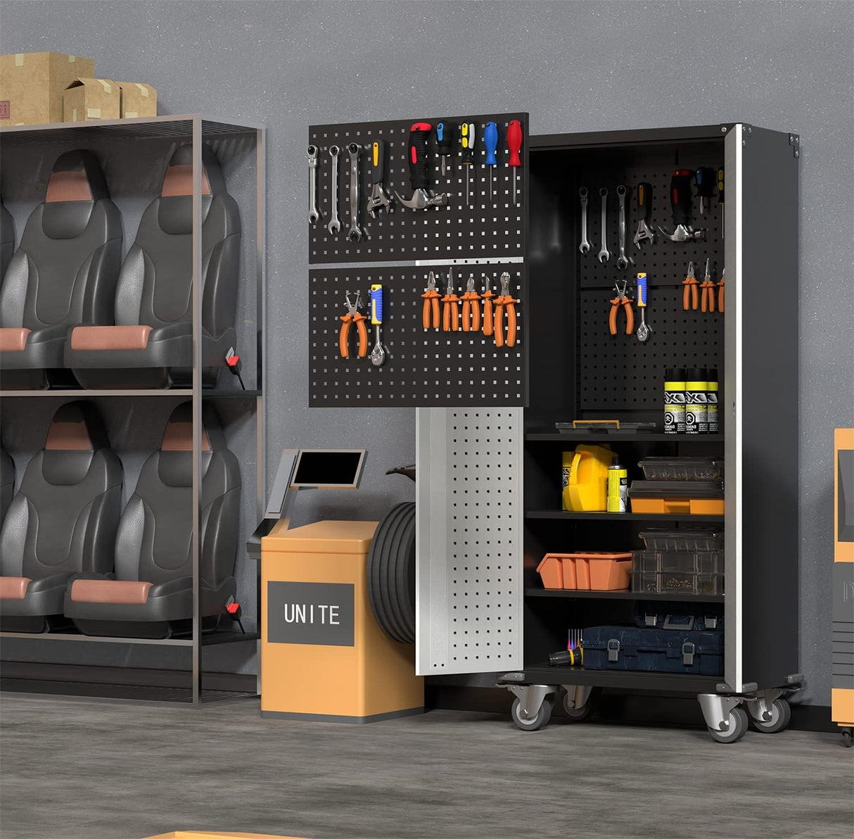 JAORD Tool Storage Cabinet with Wheels, Metal Garage Cabinet, Tall Storage Cabinet with Locking Doors, 3 Adjustable Shelves for Home Utility Room JAORD