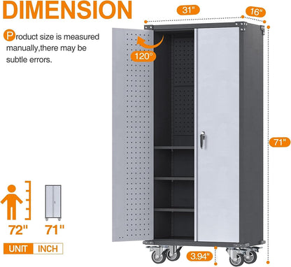 GangMei Metal Garage Storage Cabinet with Wheels, Lockable Metal Cabinet, Rolling Pegboard Cabinet with Adjustable Shelves for Warehouse, Basement, - WoodArtSupply