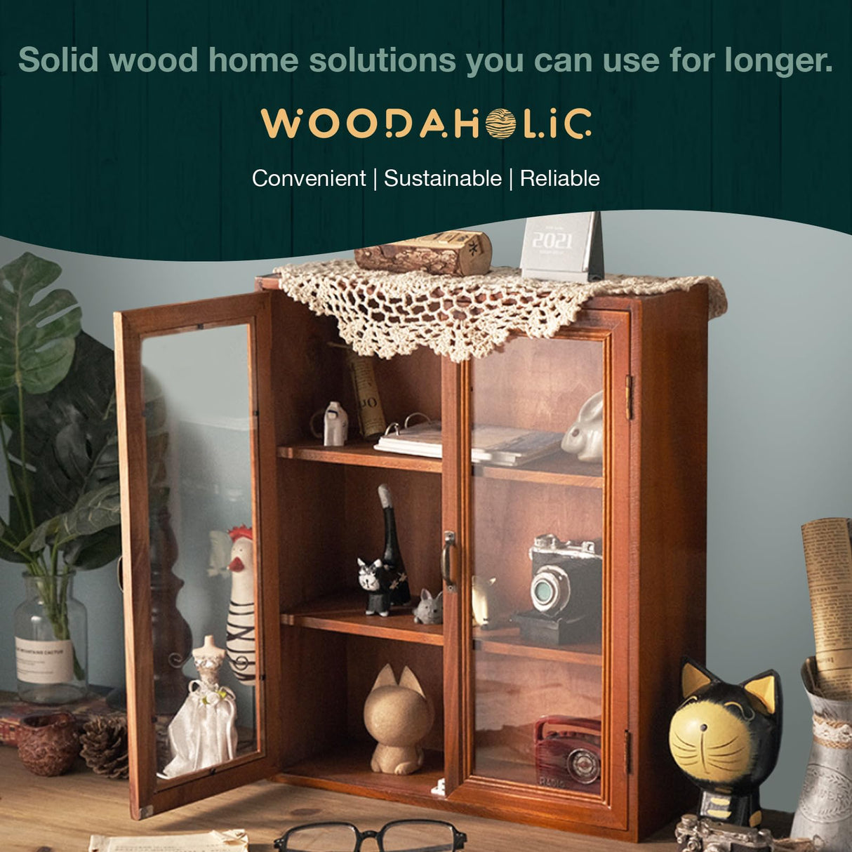 Wall Mount Storage Display Cabinet with Clear Display Doors - 12”x14”x5” Pantry Storage Hanging Cupboard - 3-Level Cover Cabinet with 2 Metal Handles Woodaholic