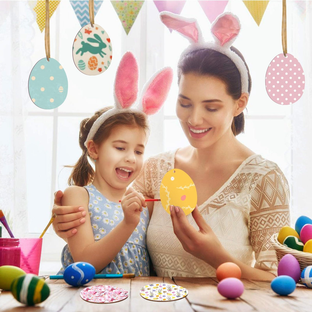 Tmflexe Eggs Shape 50Pcs Unfinished Wooden Easter Ornaments DIY Craft Present-Tmflexe 50-Pack Paintable Blank Natural Eggs Cutouts Hanging Wood Tmflexe