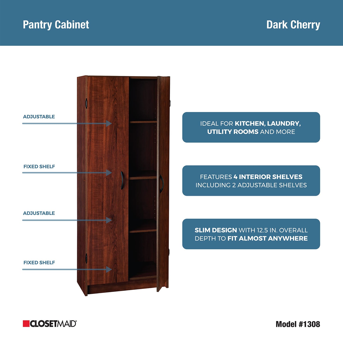 ClosetMaid Pantry Cabinet Cupboard with 2 Doors Adjustable Shelves, Standing, Storage for Kitchen, Laundry or Utility Room, Dark Cherry