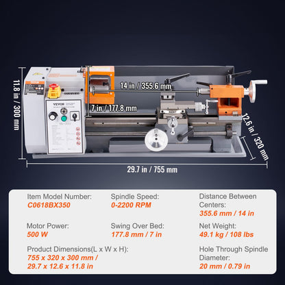 VEVOR Metal Lathe Machine, 7'' x 13.78'', Precision Benchtop Power Metal Lathe, 0-2200 RPM Continuously Variable Speed, 500W Brush Motor Metal Gears, - WoodArtSupply