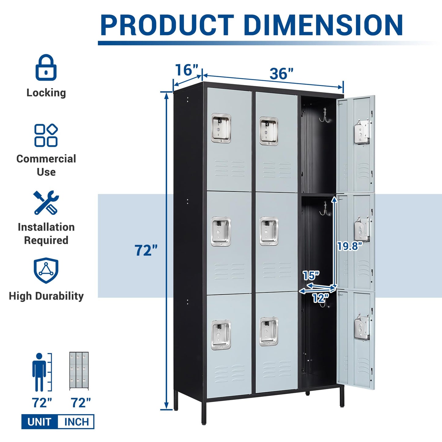 Fesbos 72" Metal Locker for Employees 9 Doors Black & Gray Steel Storage Locker for Office, School, Gym - Metal Storage Cabinets for Home, Office, - WoodArtSupply