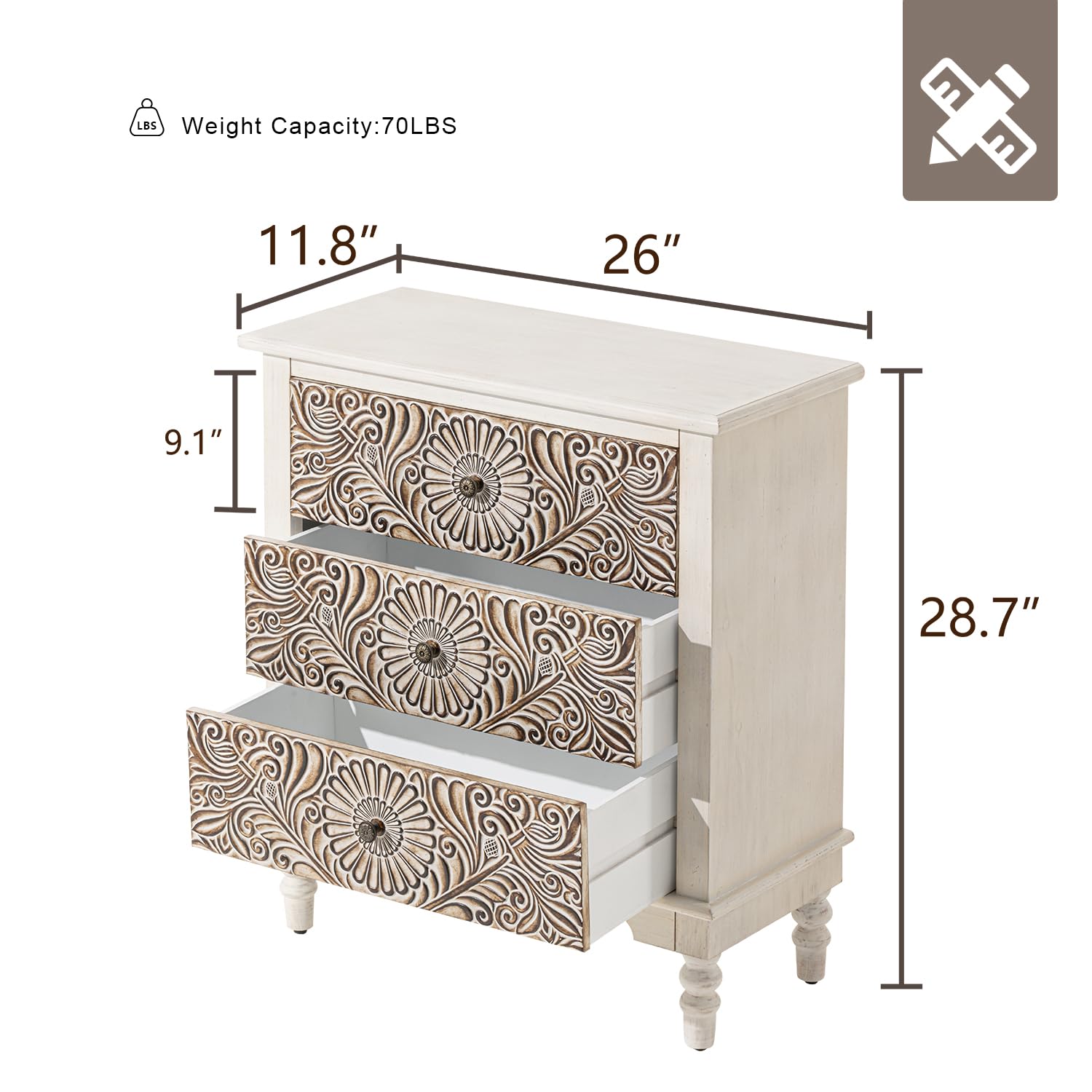 HOMPUS End Table w Flower Pattern, Nightstand w 3 Storage Drawers, Small Night Stand w Wood Grain Finish, Accent Table Side Table, Small Chest HOMPUS