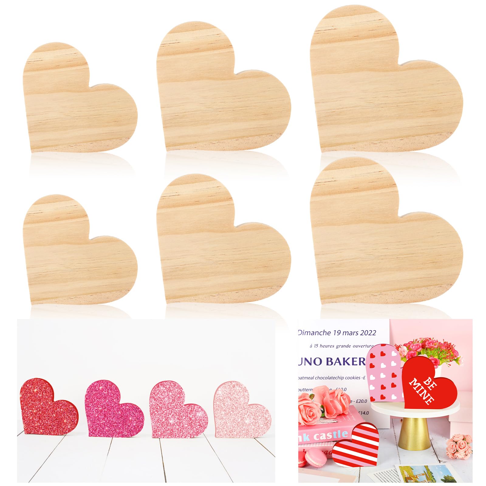 Whaline 6Pcs Valentine's Day Heart Shaped Table Wooden Sign Unfinished Blank Heart Pine Wood Slice Double-Sided Tabletop Heart Decor for Wedding - WoodArtSupply