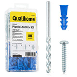Qualihome Ribbed Plastic Drywall Anchor Kit - Wall Anchors and Screws for Drywall Includes Anchors, & Screws, 1 Masonry Drill Bit - Mounting Tolls Qualihome