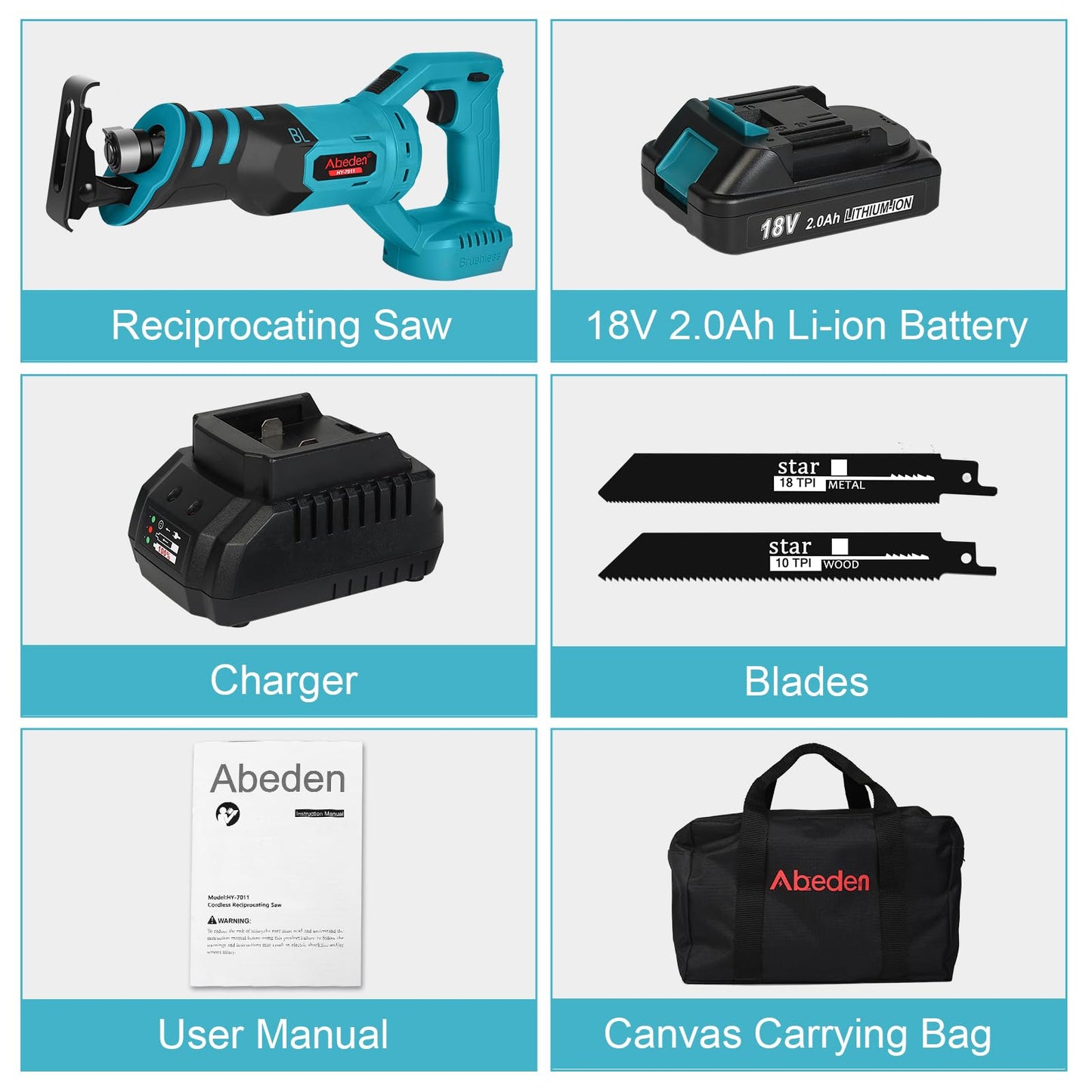 Cordless Reciprocating Saw Kit with 18V 2.0Ah Li-ion Battery and Charger,Electric Battery Powered Saw for Wood/Metal/PVC Pipe Cutting - WoodArtSupply