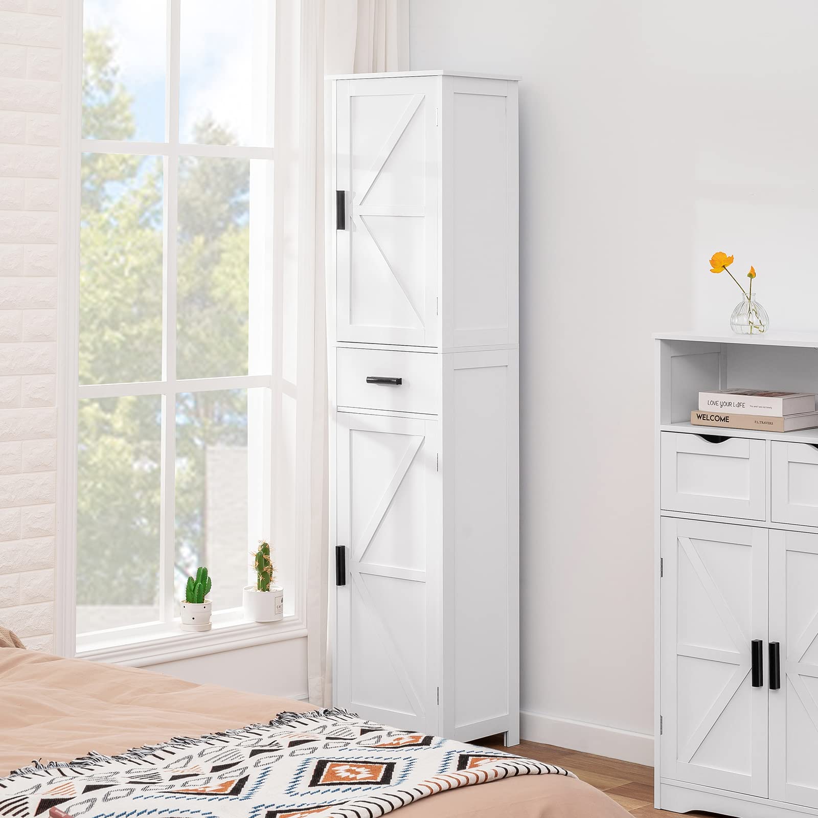 WEENFON Bathroom Storage Cabinet with 2 Doors & 1 Drawer, Tall Bathroom Cabinet with 6 Shelves, for Bathroom, Living Room, Kitchen, White - WoodArtSupply