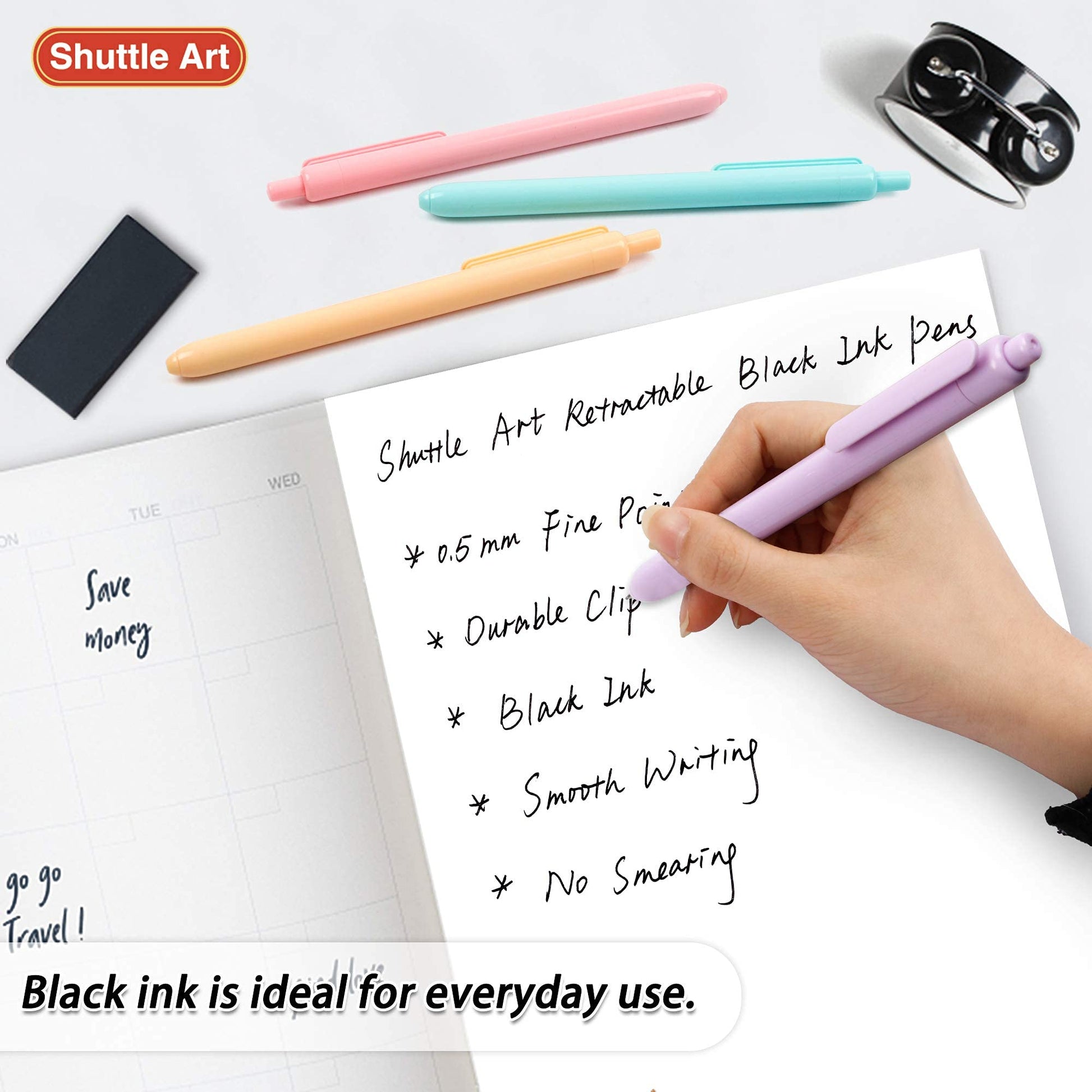 Shuttle Art Retractable Pastel Gel Ink Pens, 11 Pack Black Ink Pens, Cute Pens 0.5mm Fine Point for Writing Journaling Taking Notes School Office - WoodArtSupply