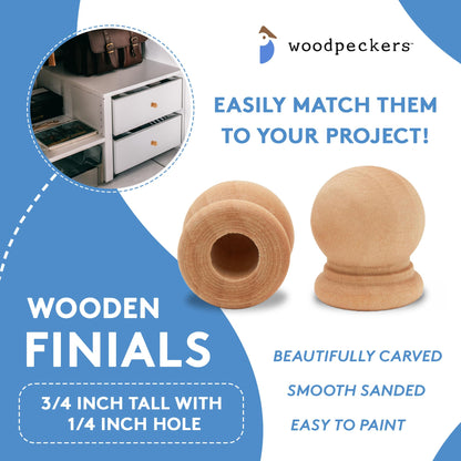 Wood Finials, 3/4 Inch Tall with 1/4 Inch Hole, Unfinished Wood Finials for 1/4 Inch Dowel Rods, Wood Dowel Caps for Crafts and DIY, Pack of 24 by - WoodArtSupply