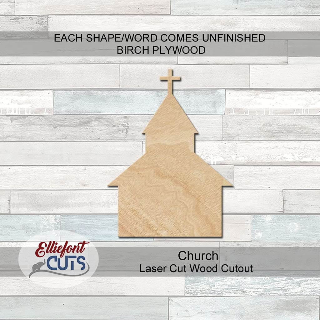 Church Wood Cutouts for crafts, Laser Cut Wood Shapes 5mm thick Baltic Birch Wood, Multiple Sizes Available Elliefont Styles