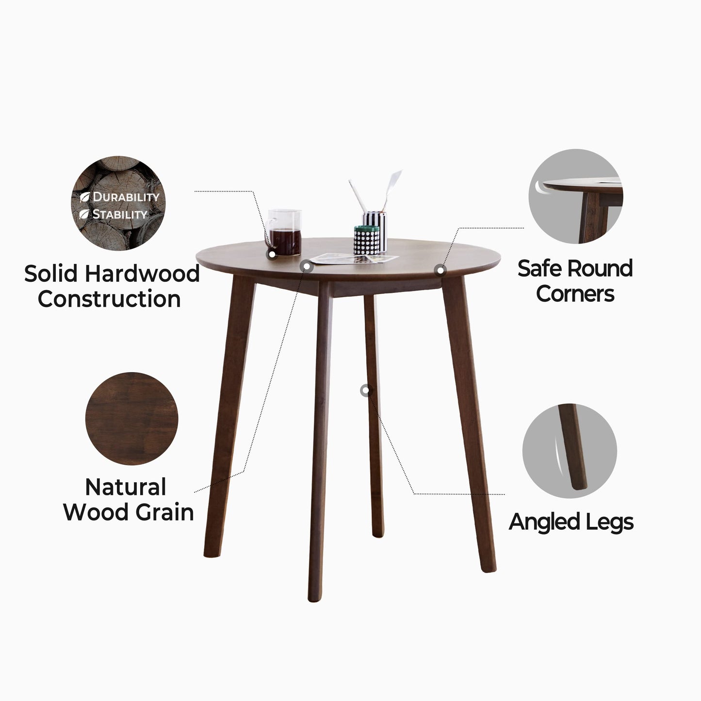 Livinia Canberra 27.6" Round Wooden Dining Table/Small Mid Century Modern Malaysian Oak Kitchen Table (Walnut) - WoodArtSupply