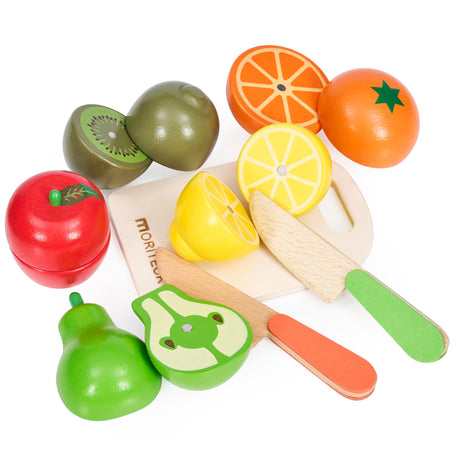 MORITECK Wooden Play Food Sets for Kids Kitchen Accessories, Realistic Wood Cutting Fruits Toys for 3- Year Old Toddlers, Mini Pretend Play Fake MORITECK