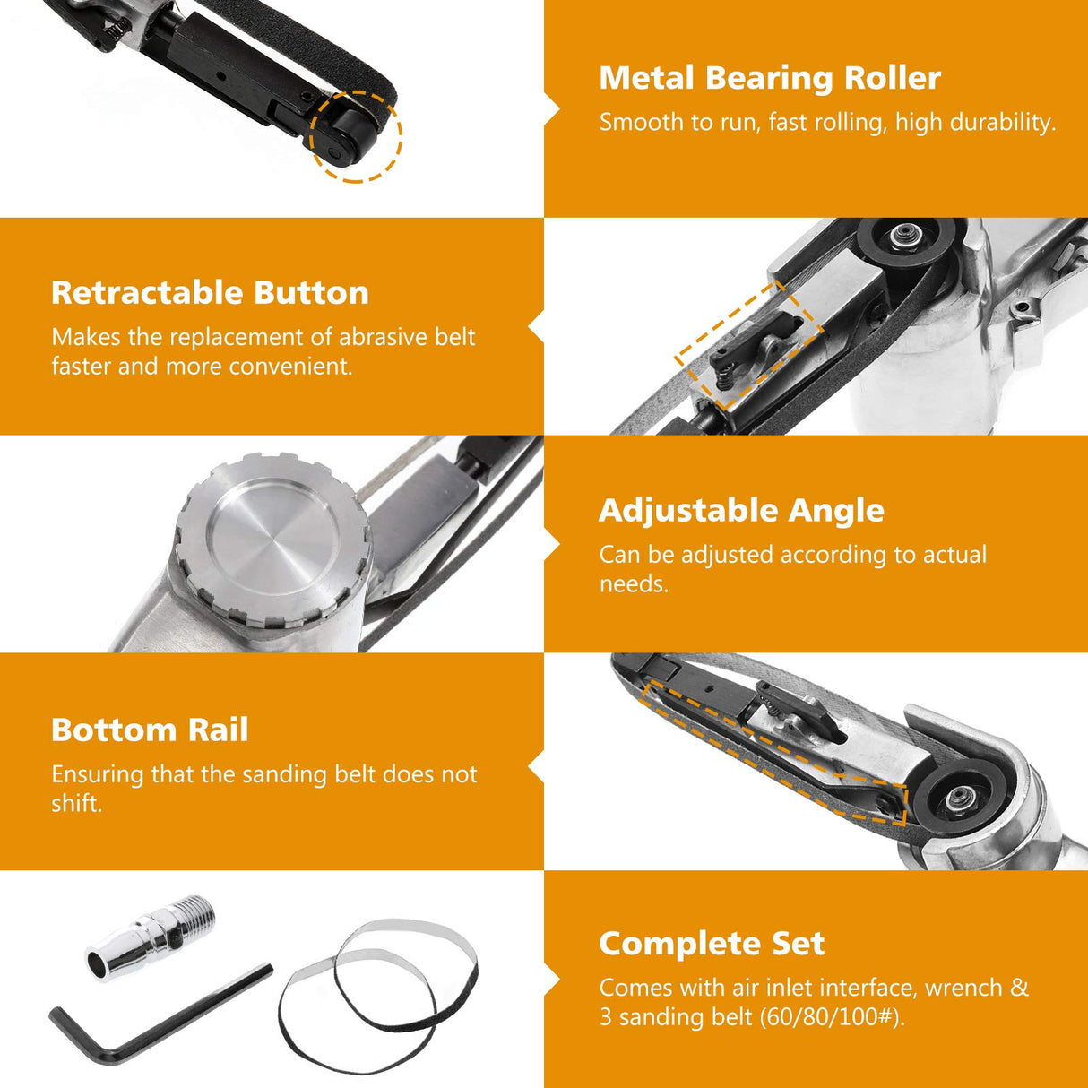 BEAMNOVA Mini Air Belt Sander for Woodworking Metal Working 3/8 Inch Handheld Angle Grinder Industrial Pneumatic Tool with 3 Belts 60/80/100 Grit BEAMNOVA