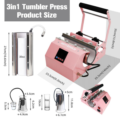 BetterSub 3in1 Tumbler Mug Heat Press Machine 30 OZ 20 OZ 16 OZ Sublimation Straight Skinny Tumbler Mug 3 OZ 1.5 OZ Shot Glass,11 OZ 15 OZ 16 OZ - WoodArtSupply