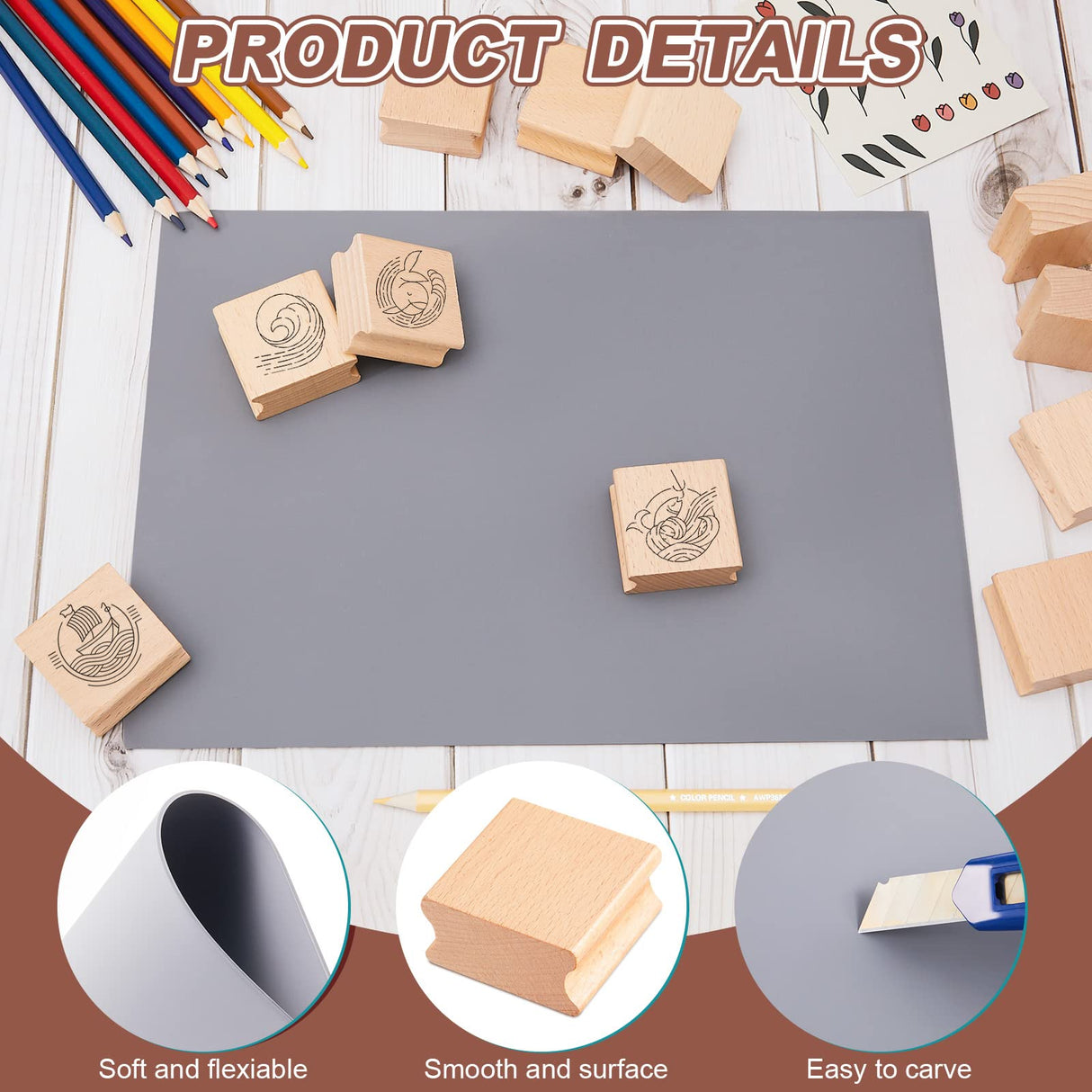 Sasylvia 10 Pcs Blank Hard Wood Rubber Stamp Mounts with A4 Size Grey Rubber Stamp Sheet Laser Engraver Accessories Rubber Stamp Carving Tools Soft Sasylvia