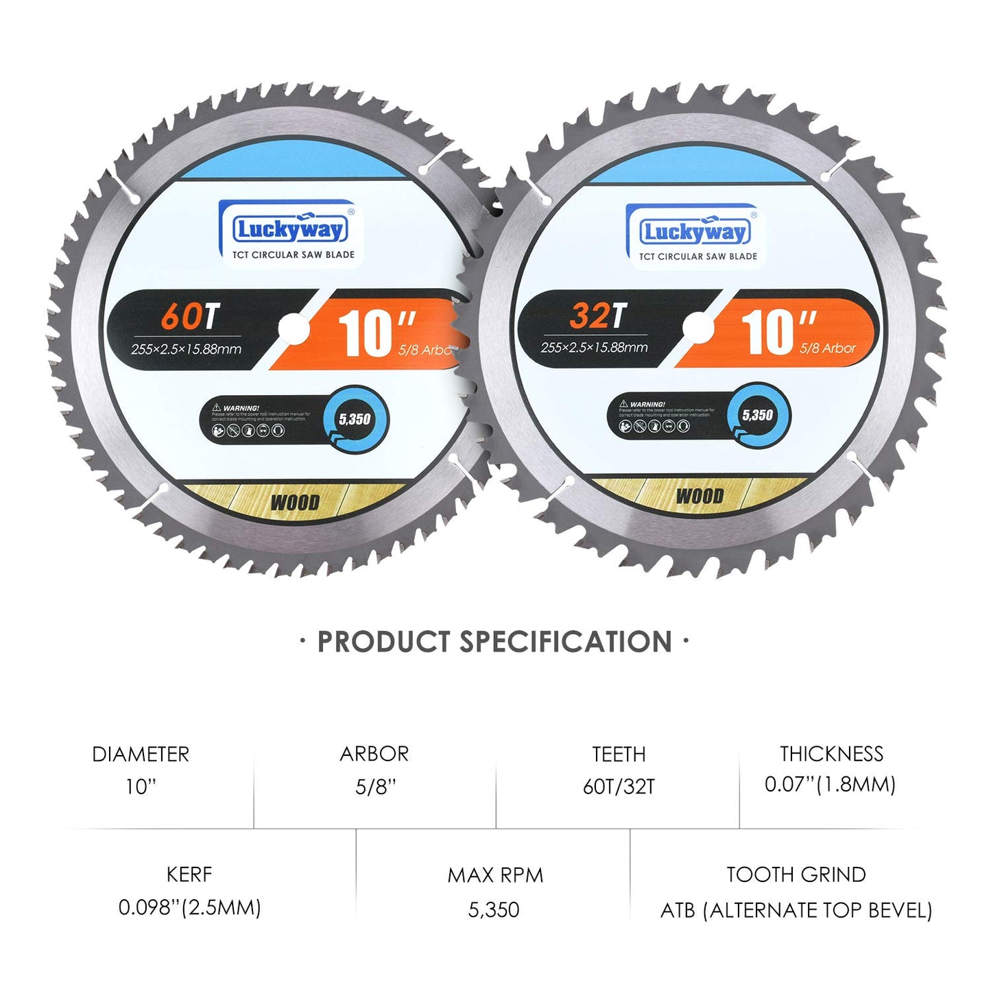 Luckyway 2-Pack 10 Inch Miter/Table Saw Blades 32T&60T with 5/8 Inch Arbor TCT Circular Saw Blade for Cutting Wood - WoodArtSupply