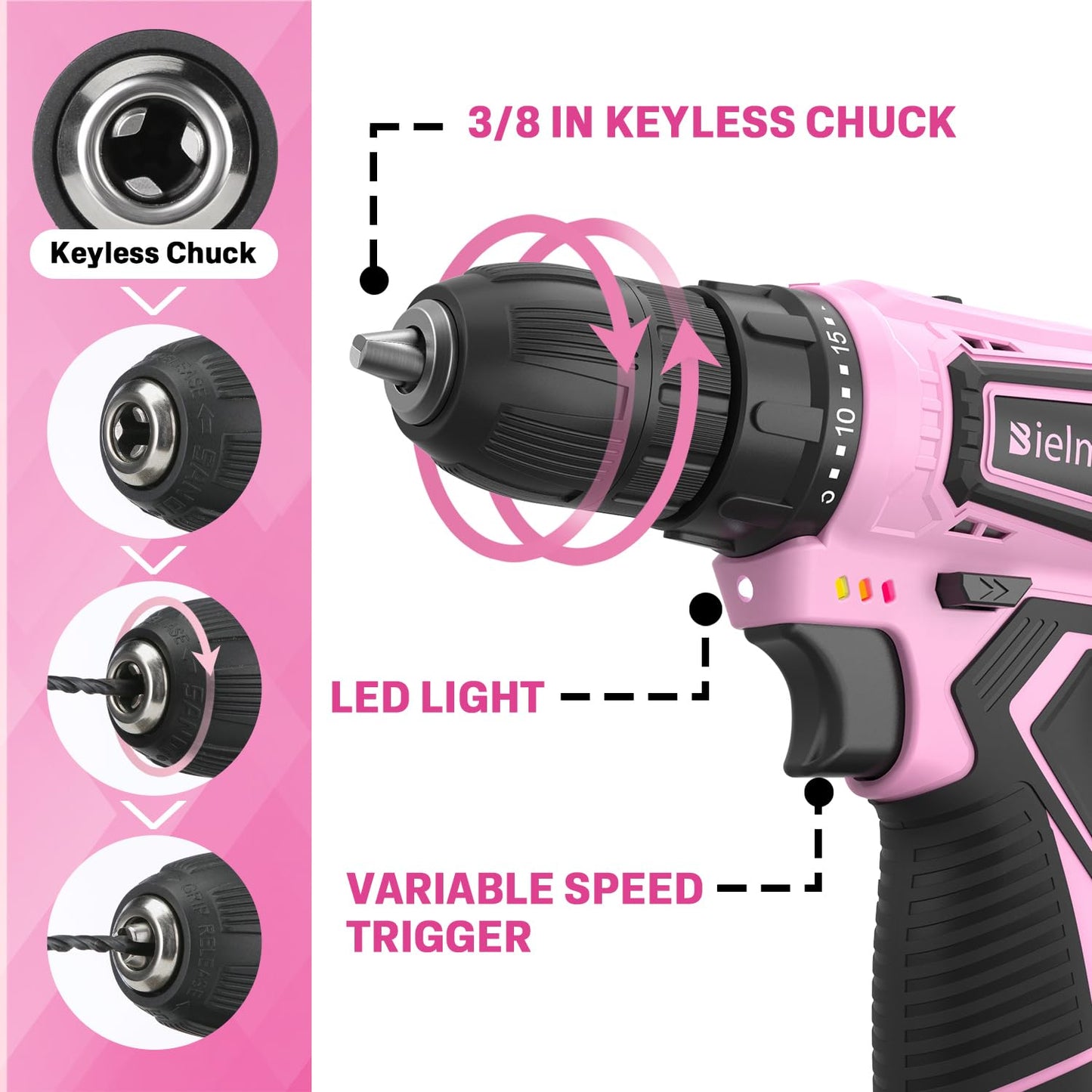 Bielmeier 12V Pink Cordless Drill Set - Essential Women's power drill tool set for Home Projects - Complete Ladies Tool Set with Stylish Pink - WoodArtSupply