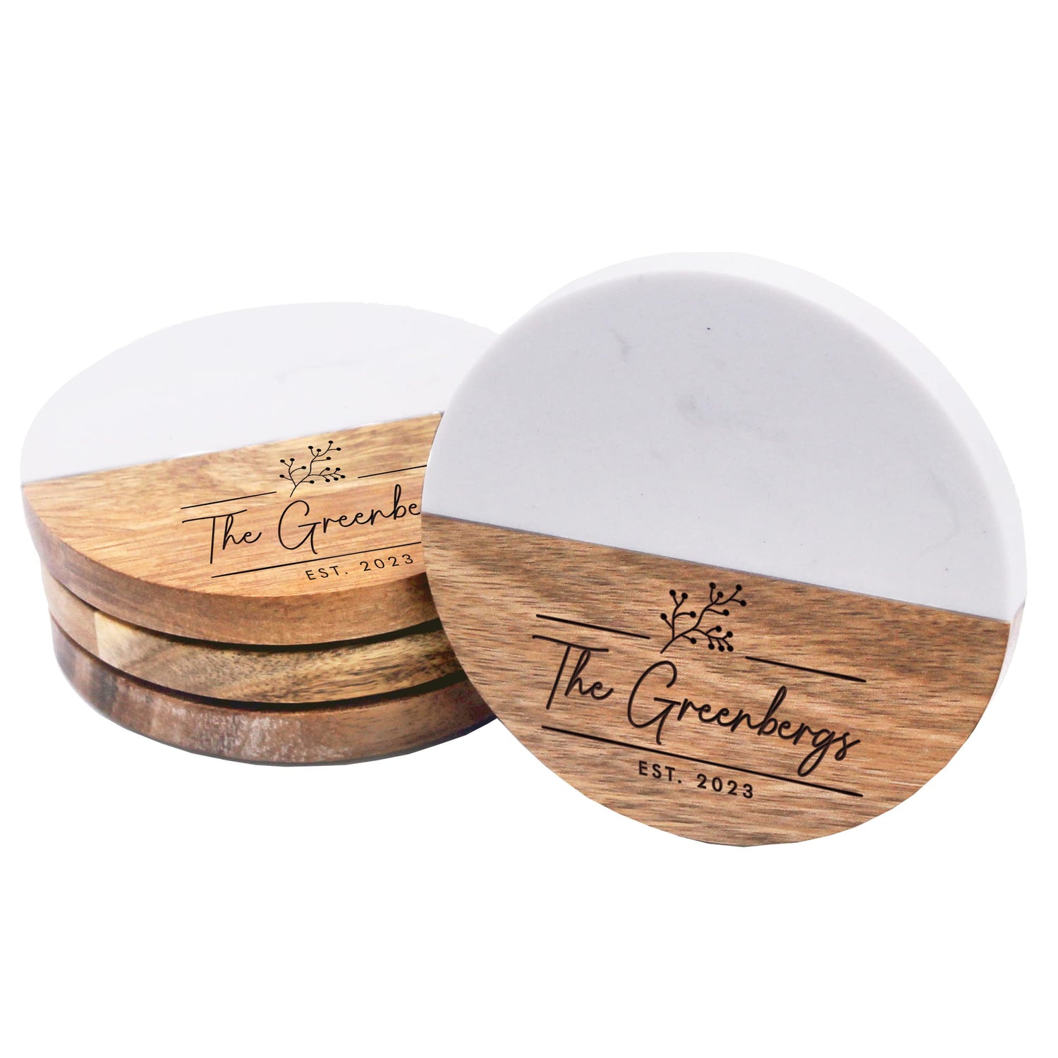 Custom Personalized Set of 4 Marble and Acacia Coasters for Drinks, Couples, Wedding Gift, New Home (Round Marble and Acacia) The Wedding Party Store