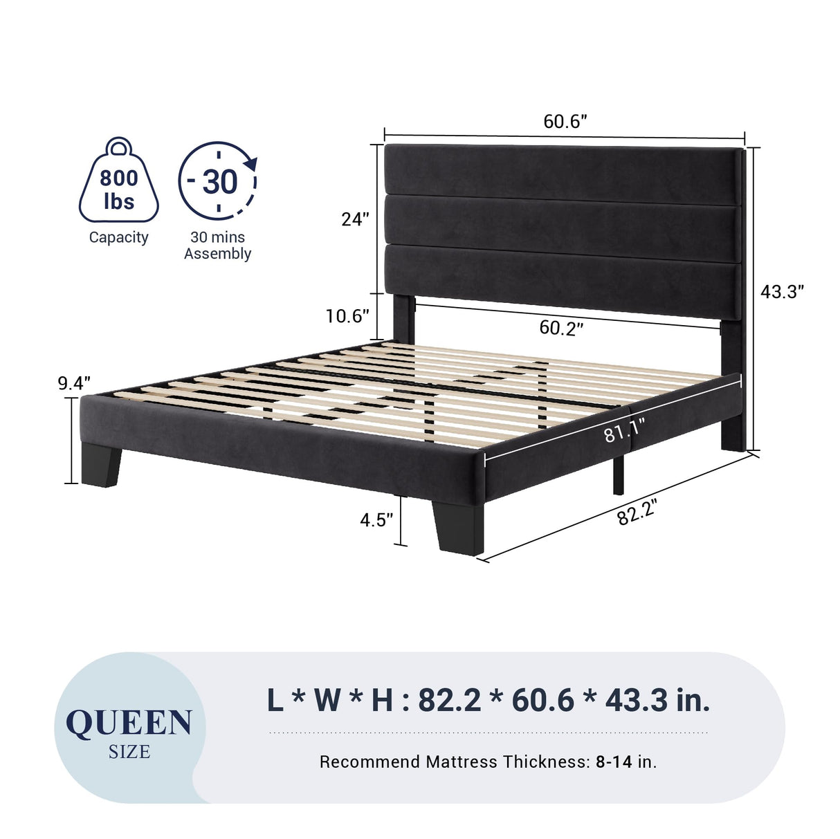 Allewie Queen Size Velvet Upholstered Platform Bed Frame with Wooden Slats Allewie