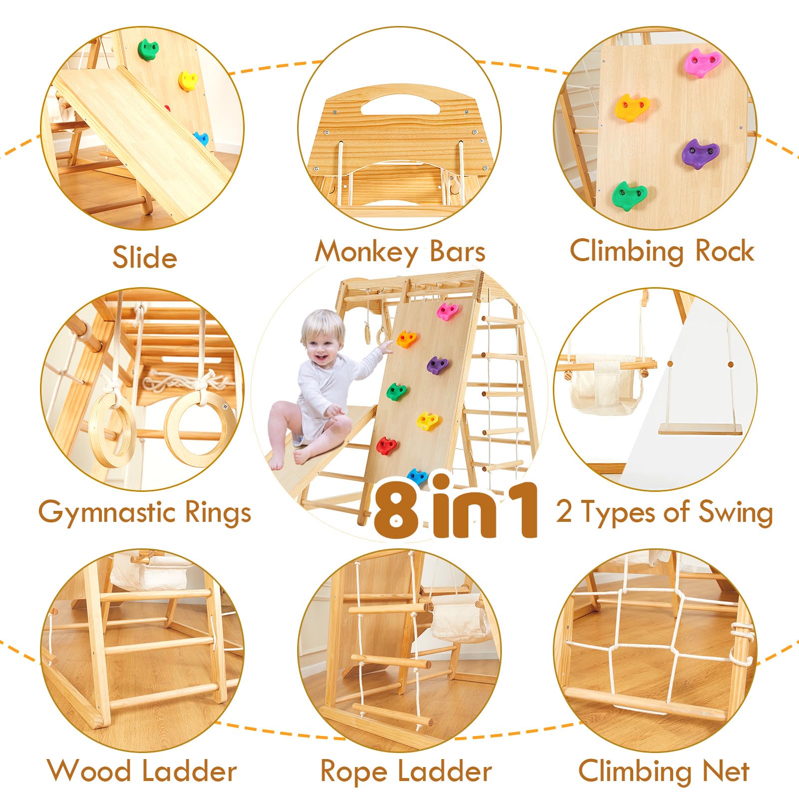 FUNLIO 8-in-1 Wood Indoor Playground for Kids 3-8 Years, Larger & Heavier Climbing Toys with Solid Pine, Indoor Gym for Kids with - WoodArtSupply