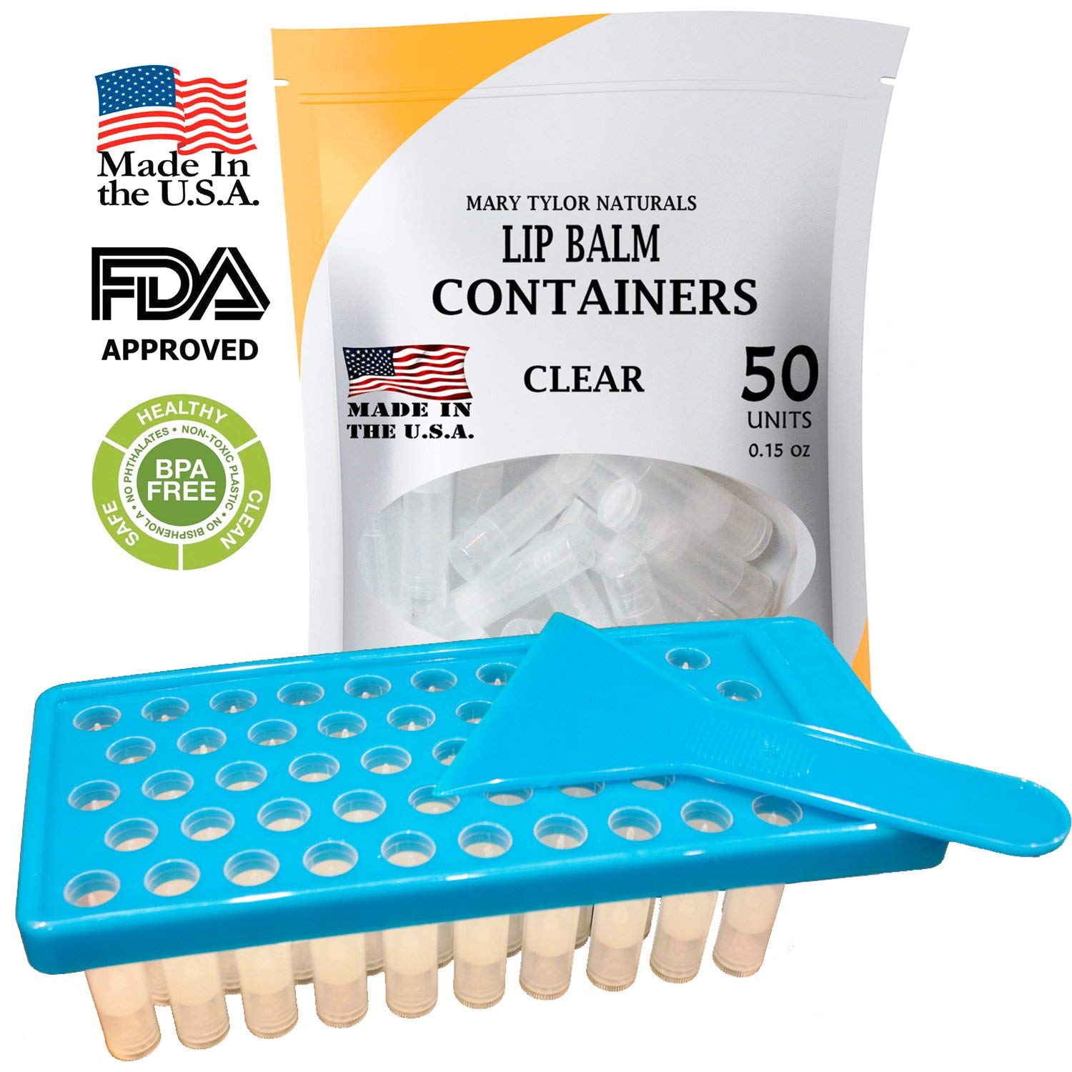 Lip Balm Container Tray Kit with Fill Tray and Spatula, BPA Free, Made in the USA, Includes 50 Clear Containers with Caps (0.15 oz each) by Mary - WoodArtSupply