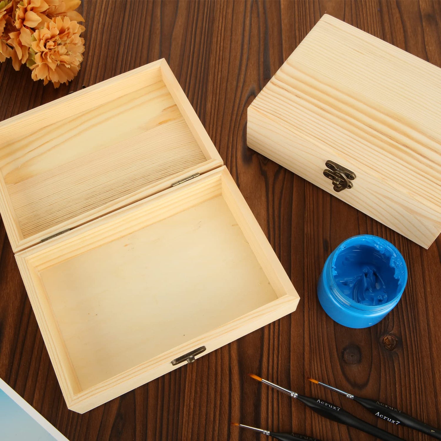 DAJAVE 4 Pack Unfinished Wooden Box, Wooden Box with Hinged Lid, Small Bulk Wood Boxes for Crafts, DIY, Arts Hobbies and Home Storage(7x5x2 Inch) DAJAVE