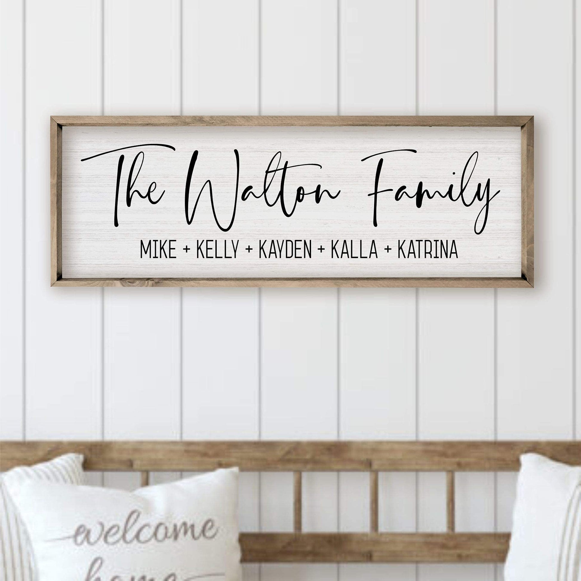 Personalized Framed Wooden Family Name Sign (6" x 18", Weathered Grey Frame, White Background) - WoodArtSupply