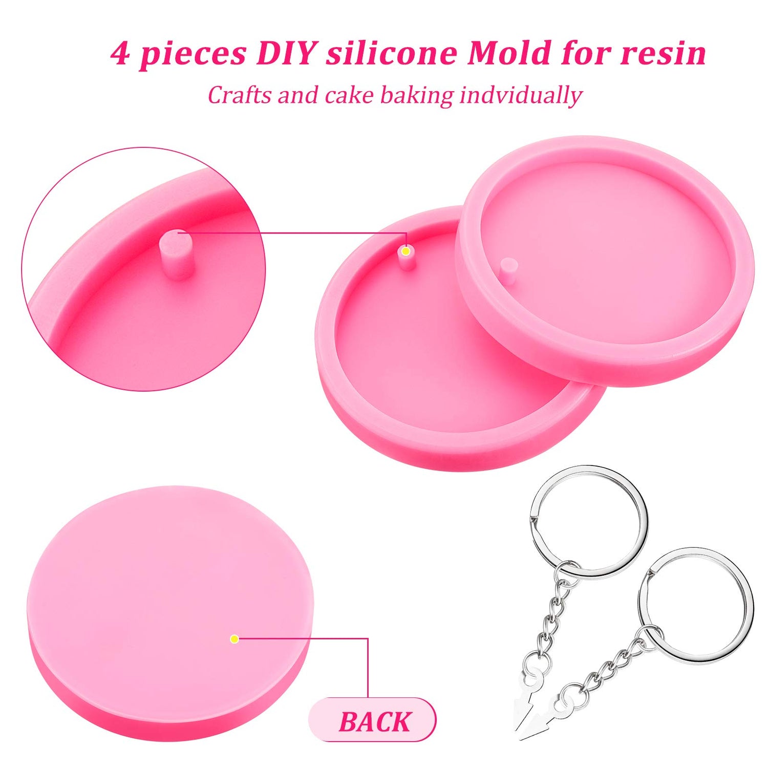 Boao 4 Pieces Resin Round Silicone Keychain Mold Silicone Circle Pendant Clay Mold for DIY Homemade Chocolate Dessert Boao