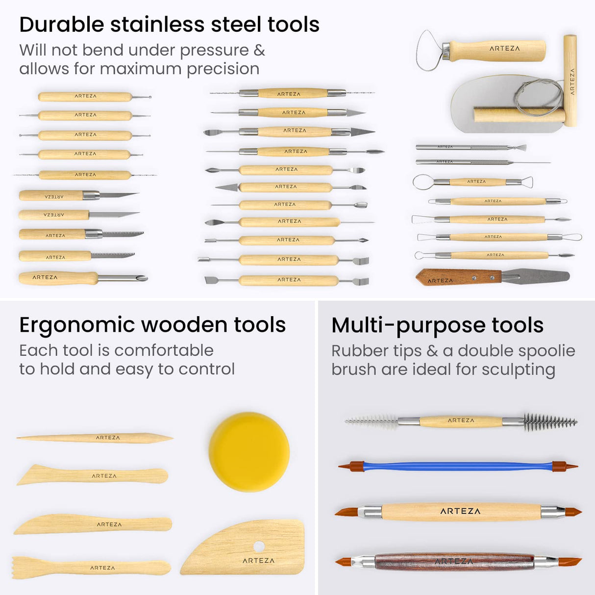 Arteza Pottery & Polymer Clay Tools, 42-Piece Sculpting Set, Steel Tip Tools with Wooden Handles, for Pottery Modeling, Smoothing, Carving & Ceramics ARTEZA
