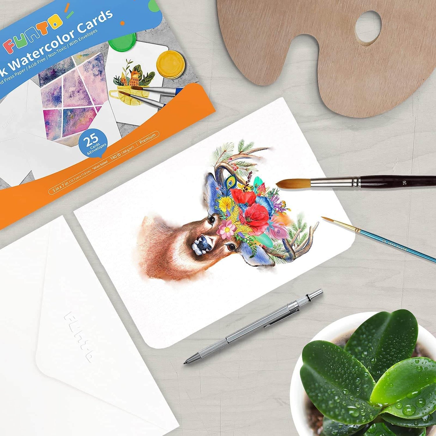 Funto Blank Watercolor Cards and Envelopes, 50 Cards, 5''x7'', 140lb/300gsm, White, Acid-Free, Heavyweight Paper for Watercolor Painting, Funto