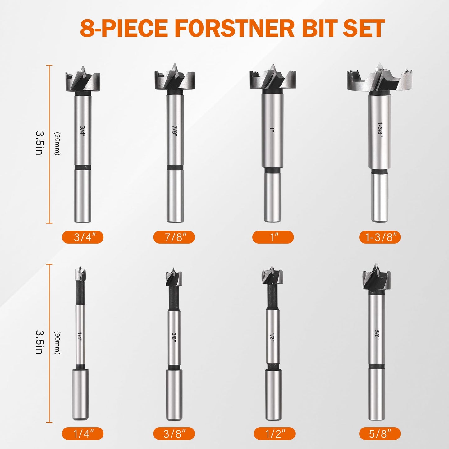 KENDO 8 Piece Forstner Bit Set, Made of Alloy Steel, Forstner Bits for Woodworking, Auger Opener Round Shank Drilling Cutting Tool for Hardwood, - WoodArtSupply