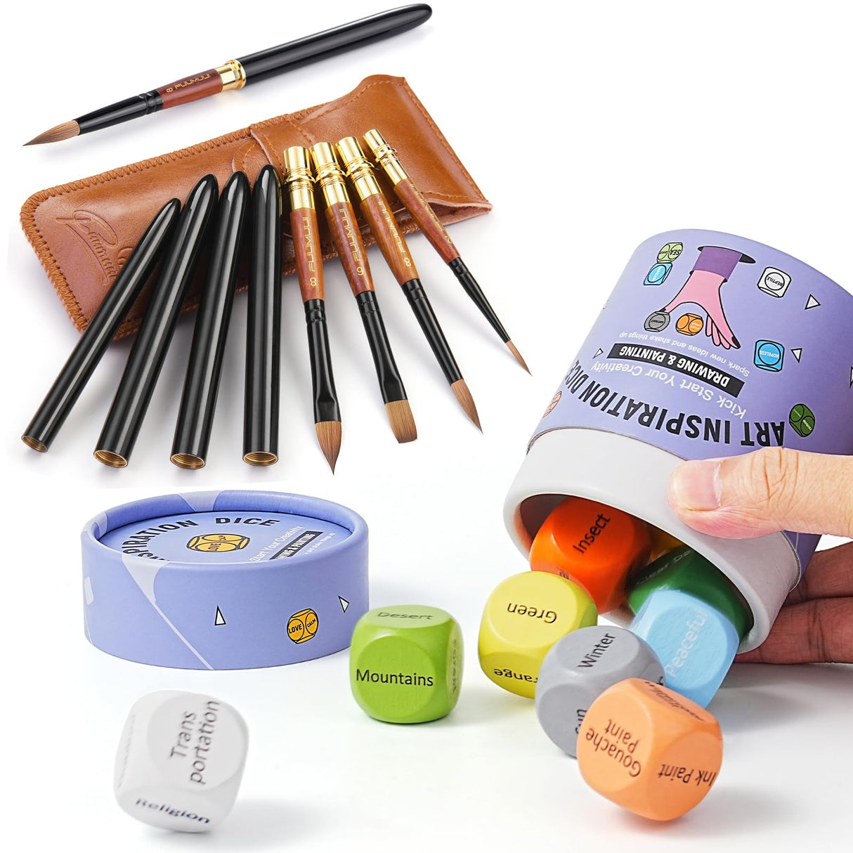 Sable Travel Watercolor Brushes & Inspiration Art Dice, Fuumuui 4pcs Kolinsky Sable Watercolor Travel Brushes with Wooden Art Dice for Creative Block Fuumuui