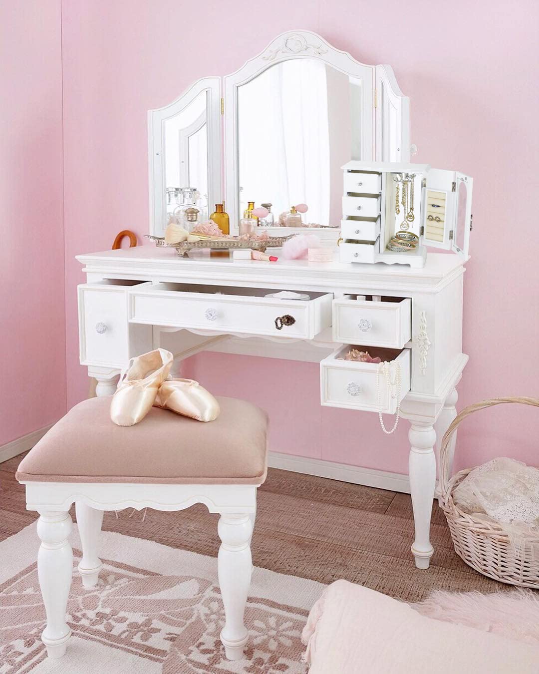 RR ROUND RICH DESIGN Jewelry Box - Made of Solid Wood with 4 Drawers Organizer and Built-in Necklace Carousel and Large Mirror White RR ROUND RICH DESIGN
