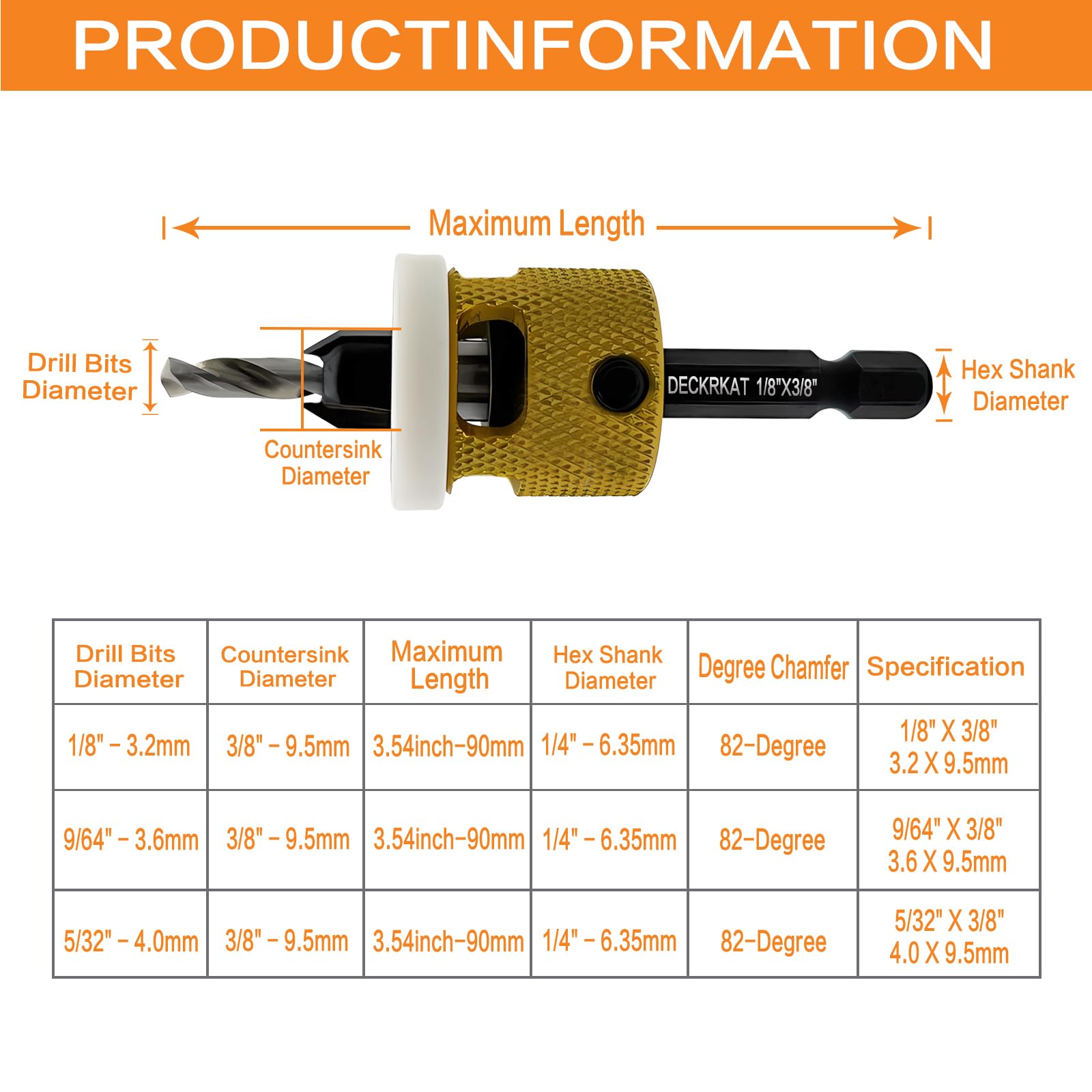 Hex Shank Countersink Drill Bit Set 3Pc #10#12#14 Woodworking Countersink Drill Bits with Adjustable Bit Depth Stop, HSS M2 Drill Bits in Size 1/8" - WoodArtSupply