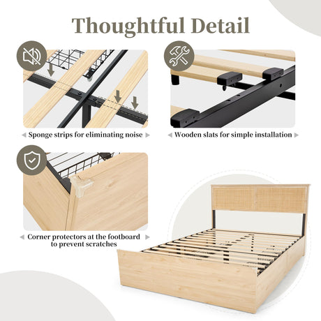 Yechen Boho Queen Bed Frame with Rattan Headboard and 4 Storage Drawers Yechen