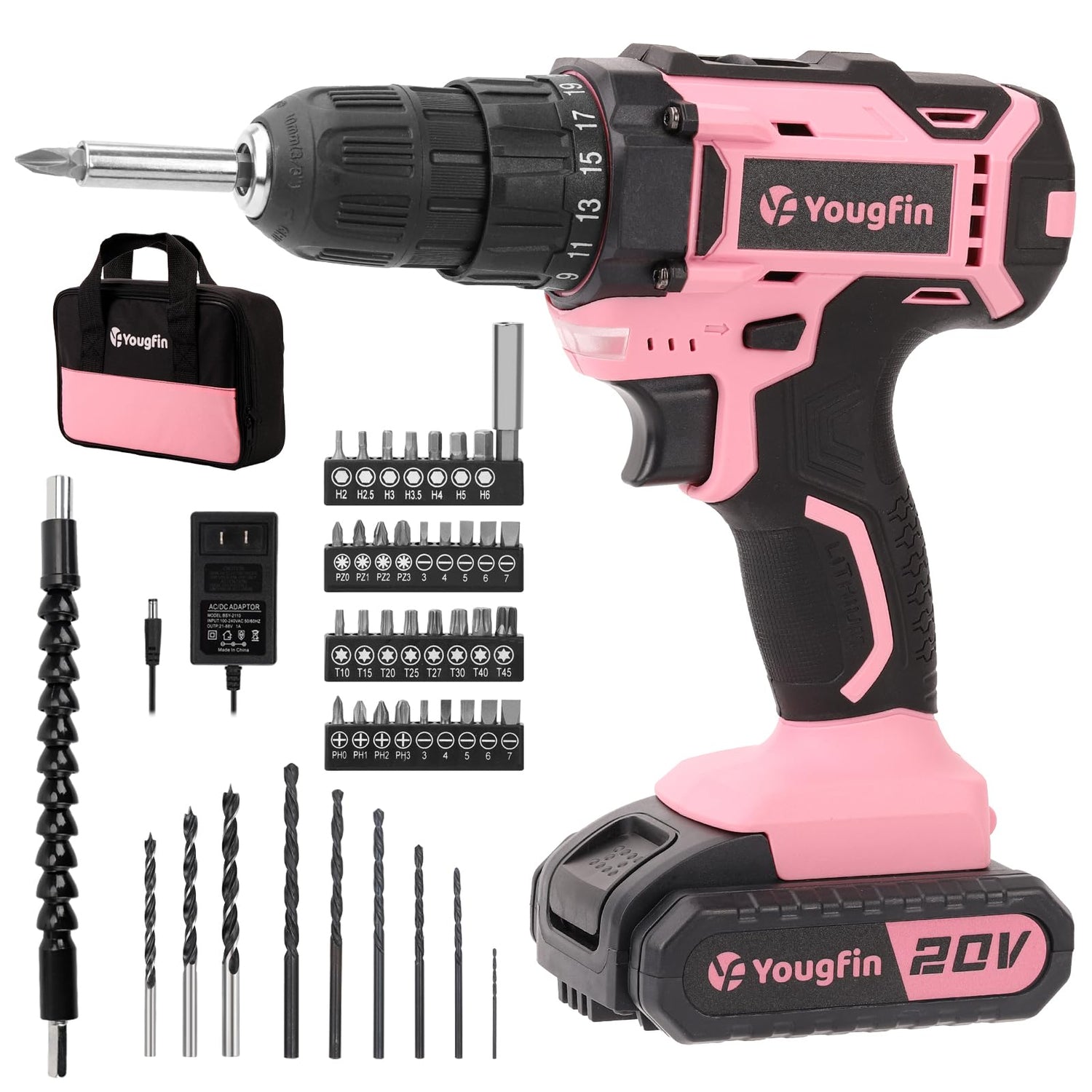 Yougfin Cordless Drill Set Pink For Ladies, 20V Power Drill Driver With Battery & Charger, 3/8" Keyless Chuck, Variable Speed, 25+1 Torque Setting, Yougfin