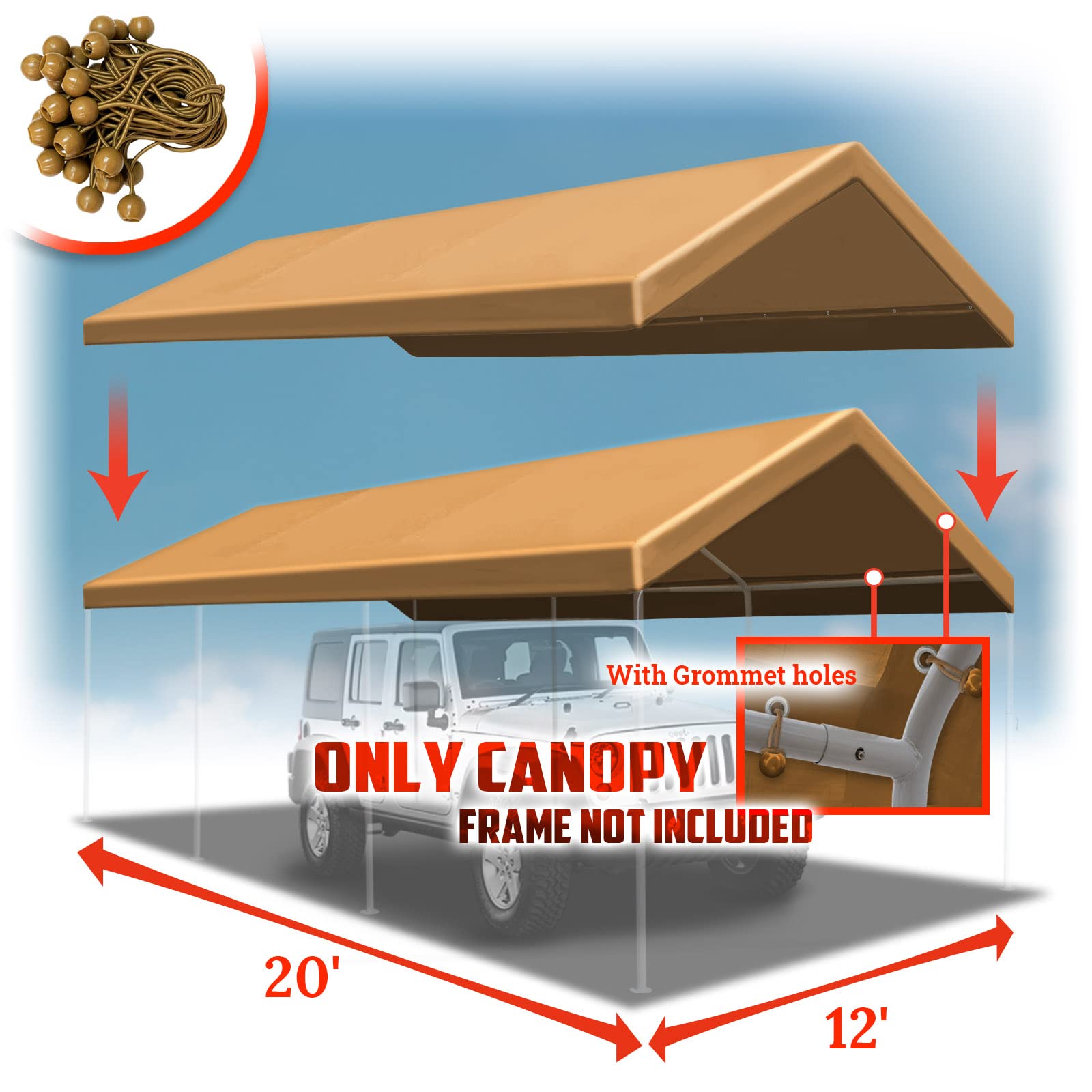 BenefitUSA 12'x20' Upgraded Carport Canopy Tent Garage Replacement Car Shelter Cover with Bungees,Frame is not Included (Tan) - WoodArtSupply